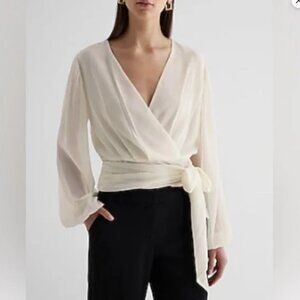 Express V Neck Faux Wrap Waist Band Cream Blouse with Sheer Sleeves